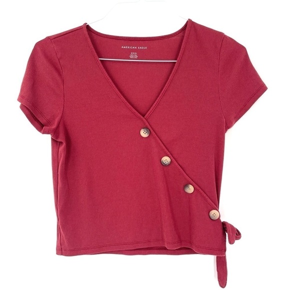 American Eagle AE Button Wrap Front Short Sleeve Ribbed Crop Top - Picture 1 of 5